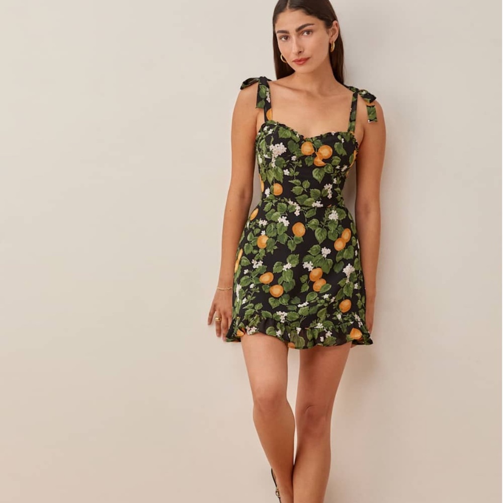 Reformation Black Mini Dress with Green Leaf and Orange Fruit Print